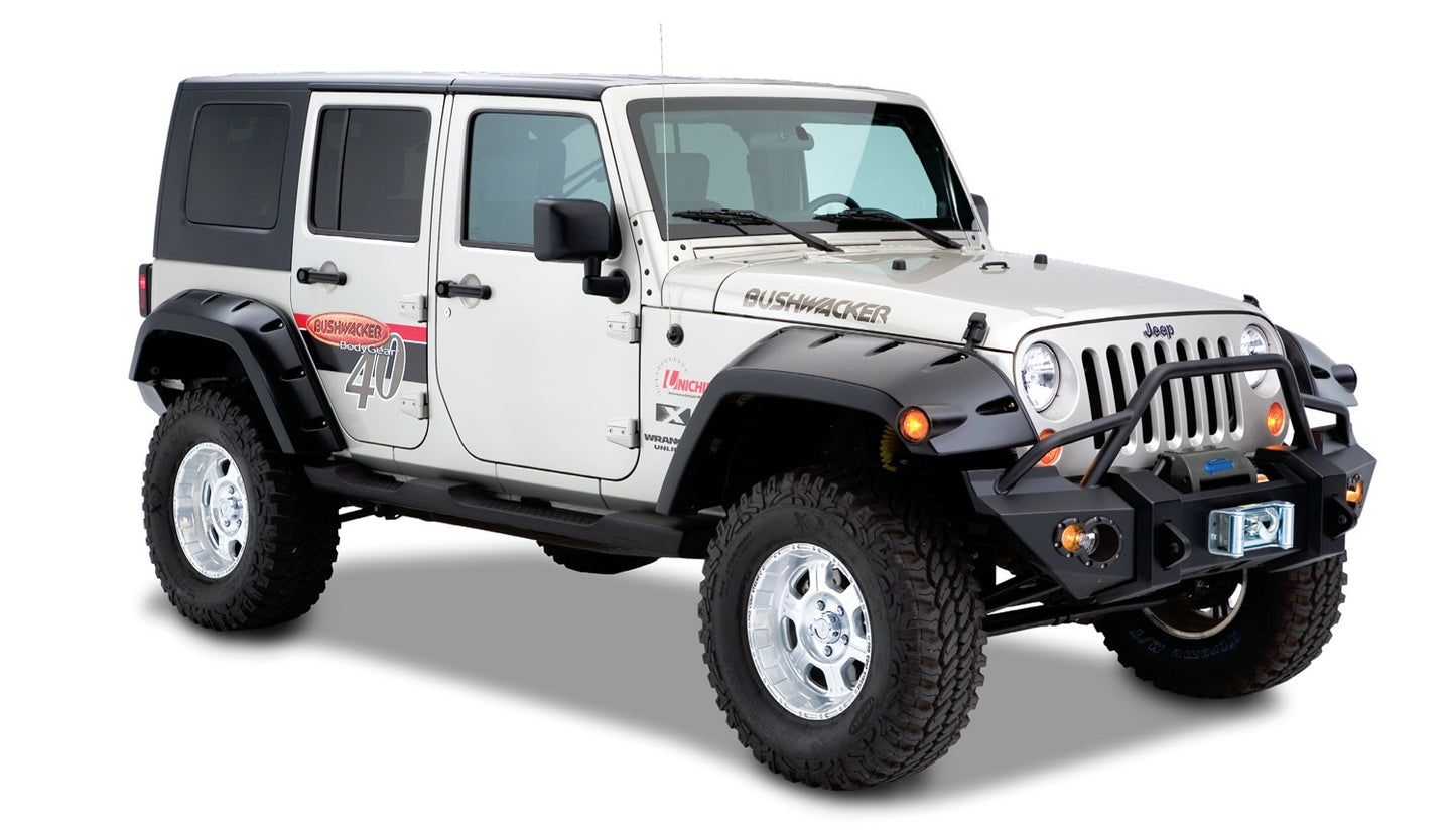Bushwacker - 10044-02 - Fender Flare -  10044-02 Black Max Coverage Pocket/Rivet Style Smooth Finish Rear Fender Flares with Extended Coverage for 2007-2018 Jeep Wrangler JK Unlimited 4-Door - P/N: 10044-02