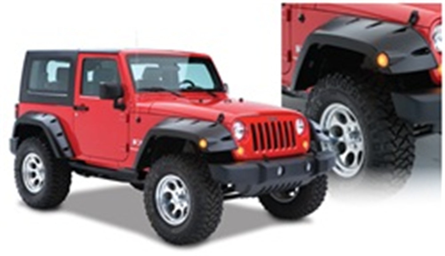 Bushwacker - 10045-02 - Fender Flare -  10045-02 Black Max Coverage Pocket/Rivet Style Smooth Finish Front Fender Flares with Extended Coverage for 2007-2018 Jeep Wrangler JK - P/N: 10045-02
