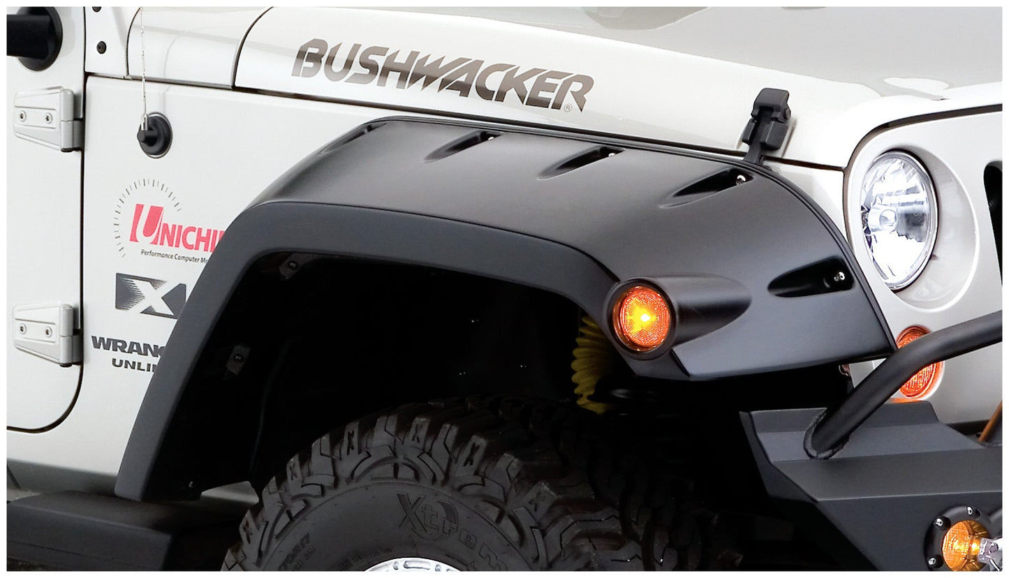 Bushwacker - 10045-02 - Fender Flare -  10045-02 Black Max Coverage Pocket/Rivet Style Smooth Finish Front Fender Flares with Extended Coverage for 2007-2018 Jeep Wrangler JK - P/N: 10045-02