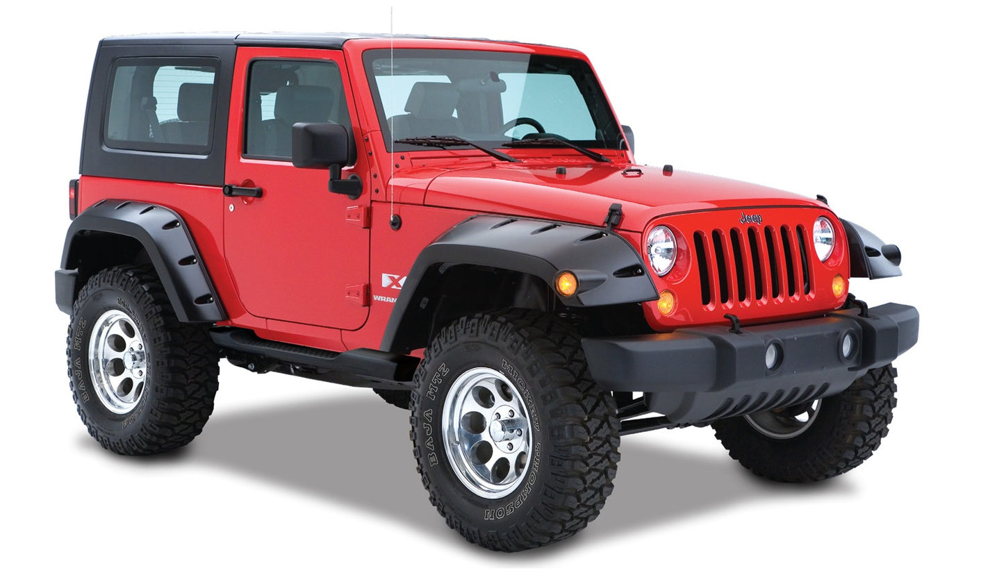 Bushwacker - 10046-02 - Fender Flare -  10046-02 Black Max Coverage Pocket/Rivet Style Smooth Finish Rear Fender Flares with Extended Coverage for 2007-2018 Jeep Wrangler JK 2-Door - P/N: 10046-02