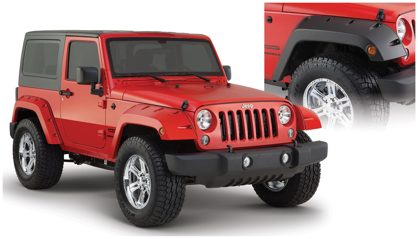 Bushwacker - 10077-02 - Fender Flare -  10077-02 Black Pocket/Rivet Style Smooth Finish Front Fender Flares for 2007-2018 Jeep Wrangler JK - P/N: 10077-02