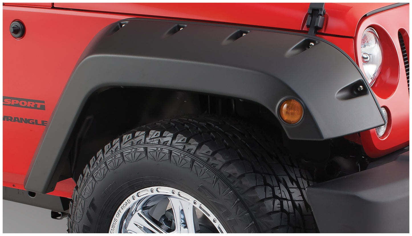 Bushwacker - 10077-02 - Fender Flare -  10077-02 Black Pocket/Rivet Style Smooth Finish Front Fender Flares for 2007-2018 Jeep Wrangler JK - P/N: 10077-02