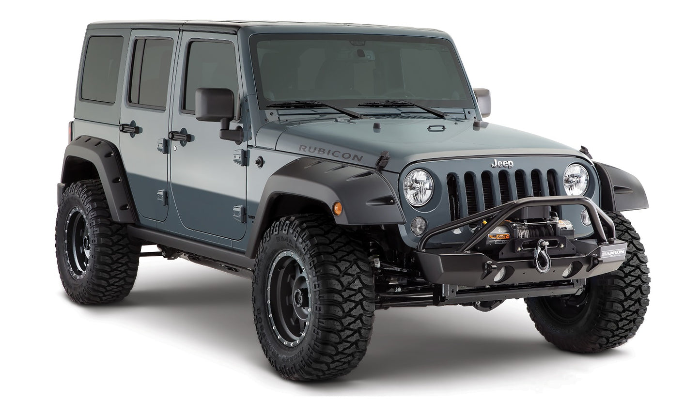Bushwacker - 10080-02 - Fender Flare -  10080-02 Black Pocket/Rivet Style Smooth Finish Rear Fender Flares for 2007-2018 Jeep Wrangler JK Unlimited 4-Door - P/N: 10080-02