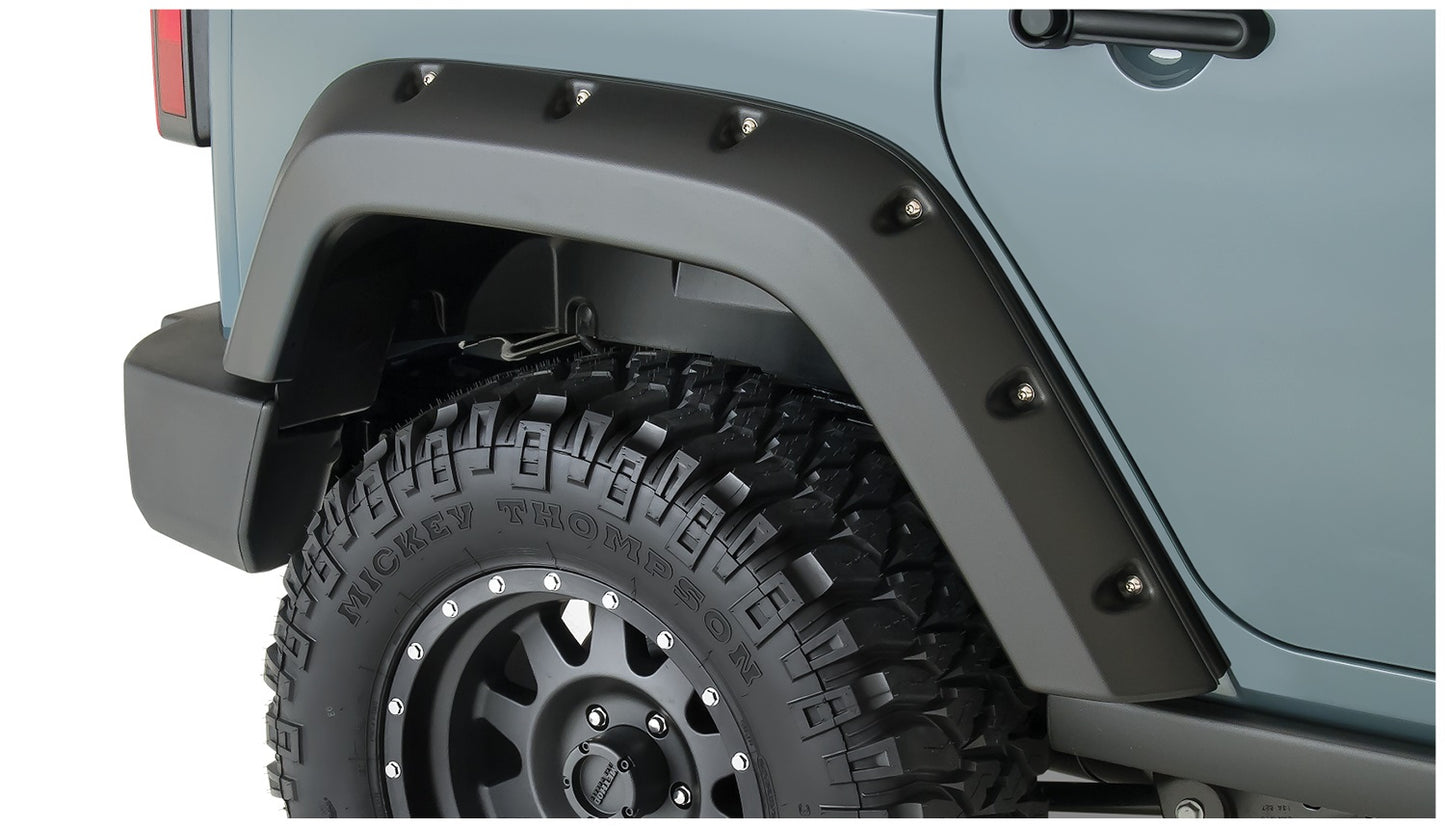 Bushwacker - 10080-02 - Fender Flare -  10080-02 Black Pocket/Rivet Style Smooth Finish Rear Fender Flares for 2007-2018 Jeep Wrangler JK Unlimited 4-Door - P/N: 10080-02