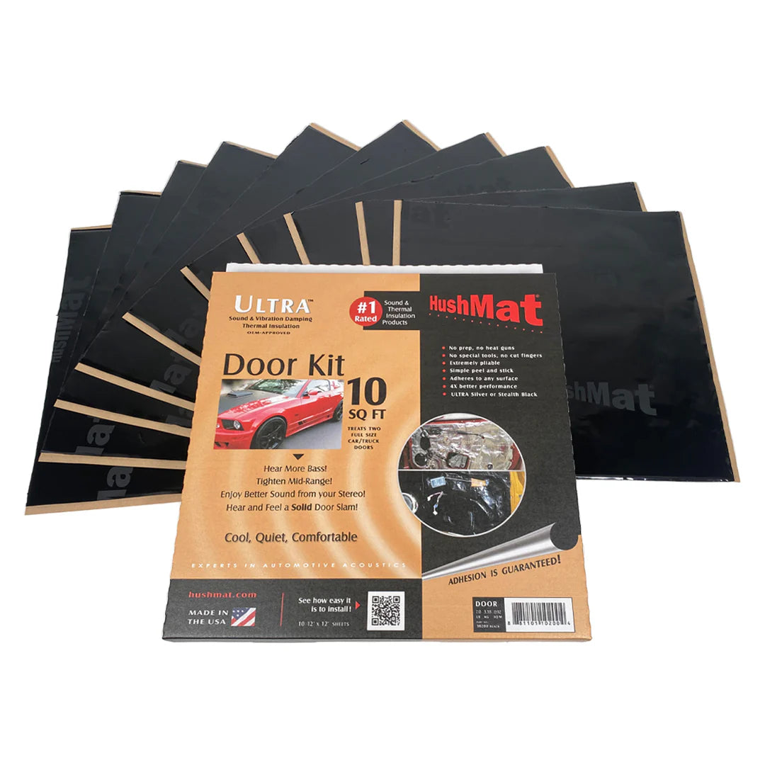 HushMat Door Kit #10200 – Automotive Sound Deadening & Thermal Insulation (10 Sq Ft, Black Foil)