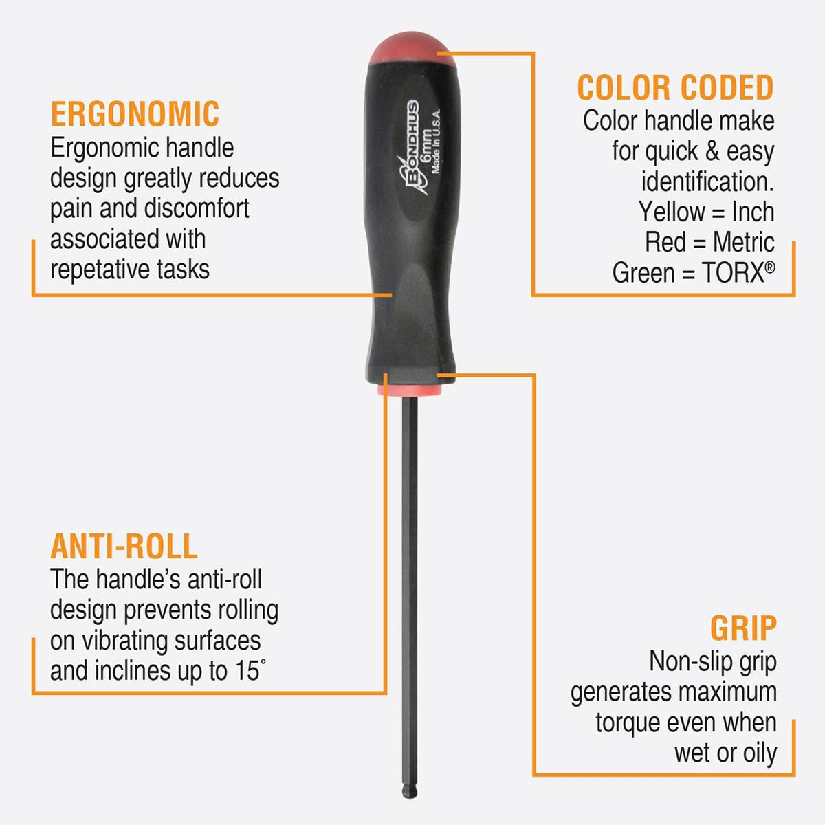 Bondhus Balldriver Metric Hex Ball End Screwdriver Set, 1.5 mm–10 mm, 9-Piece