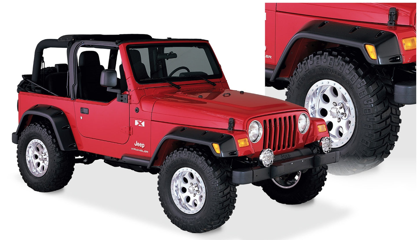 Bushwacker - 10908-07 - Fender Flare -  10908-07 Black Pocket/Rivet Style Textured Finish 4-Piece Fender Flare Set for 1997-2006 Jeep Wrangler TJ - P/N: 10908-07