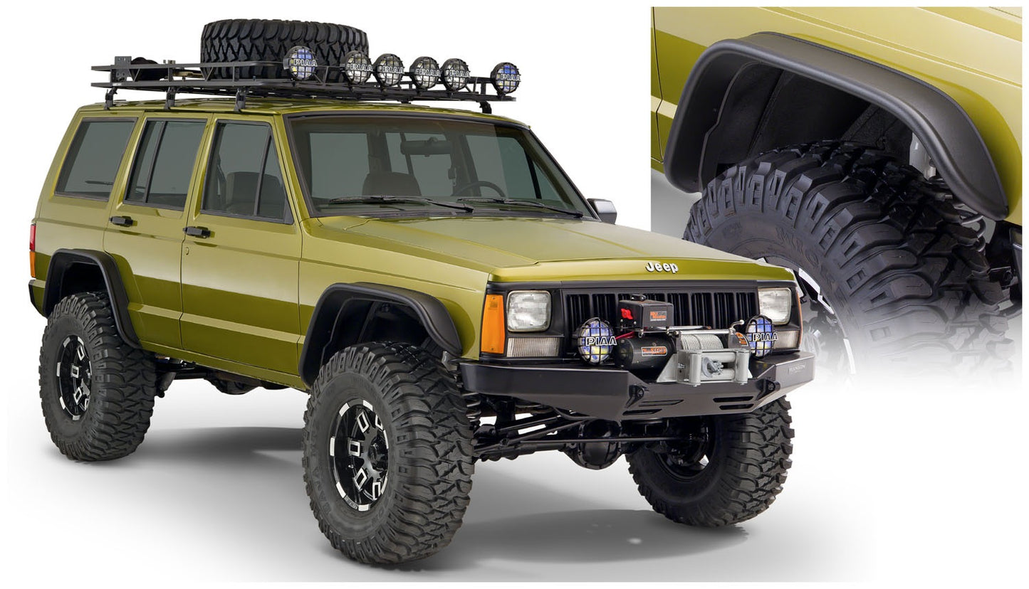 Bushwacker - 10922-07 - Fender Flare -  10922-07 Black Jeep Flat Style Textured Finish 4-Piece Fender Flare Set for 1984-2001 Jeep Cherokee - P/N: 10922-07