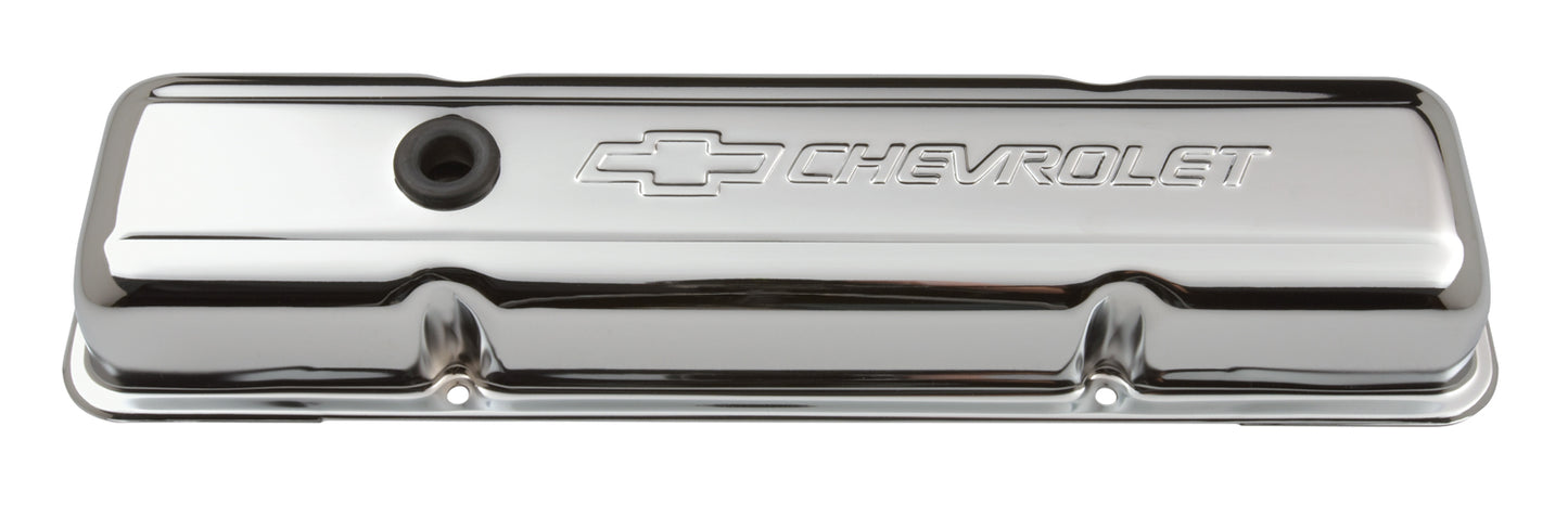 Chevrolet Performance Parts - 141-102 - Engine Valve Cover - Engine Valve Covers Stamped Steel Short Chrome w/ Bowtie Logo Fits SB Chevy Embossed Chevrolet & Bowtie Logos