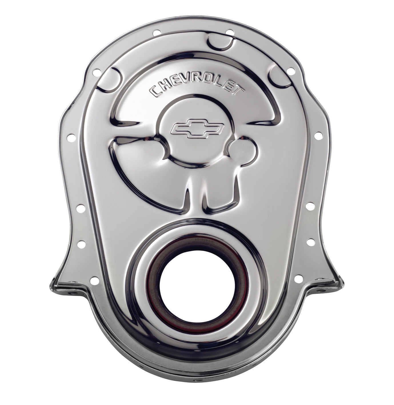 Chevrolet Performance Parts - 141-216 - Engine Timing Cover - Engine Timing Chain Cover Chrome Steel w/ Chevy and Bowtie Logo For BB Chevy