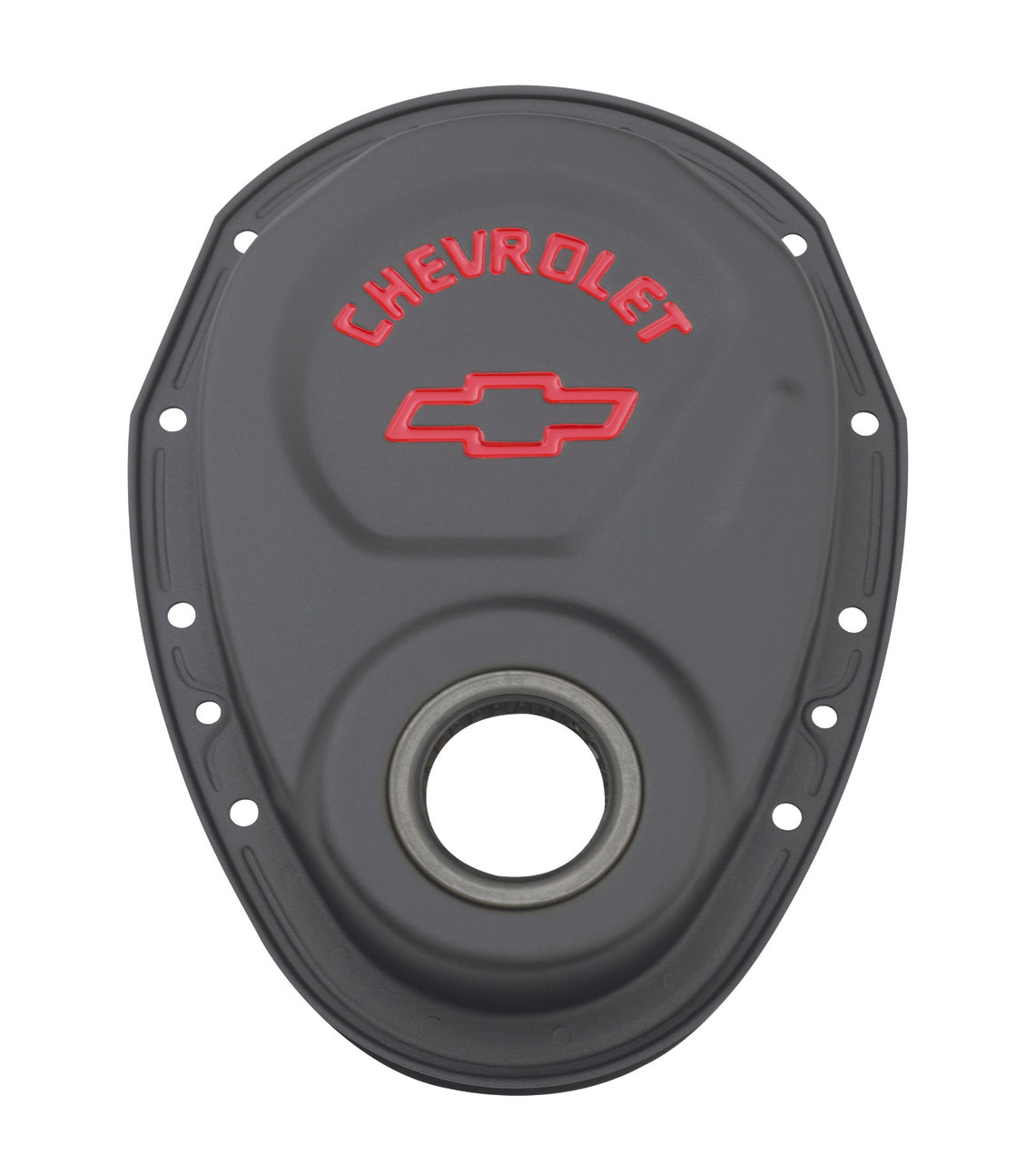 Chevrolet Performance Parts - 141-753 - Engine Timing Cover - Timing Chain Cover Black Steel With Chevy and Bowtie Logo For SB Chevy 69-91