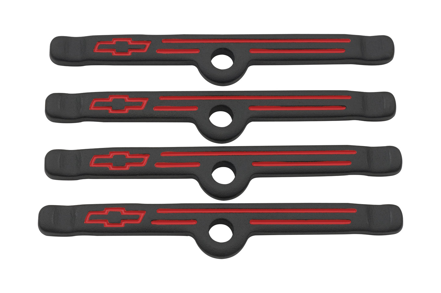 Chevrolet Performance Parts - 141-757 - Engine Valve Cover Hold Down Tab - Engine Valve Cover Holdown Clamps Black Crinkle w/Bowtie Logo SB Chevy 4 Pcs Red Lines & Bowties