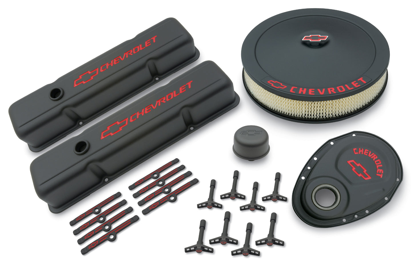 Chevrolet Performance Parts - 141-758 - Engine Dress Up Kit - Engine Dress-Up Kit Black Crinkle Finish Red Bowtie Red Letters For SB Chevy Tall Painted