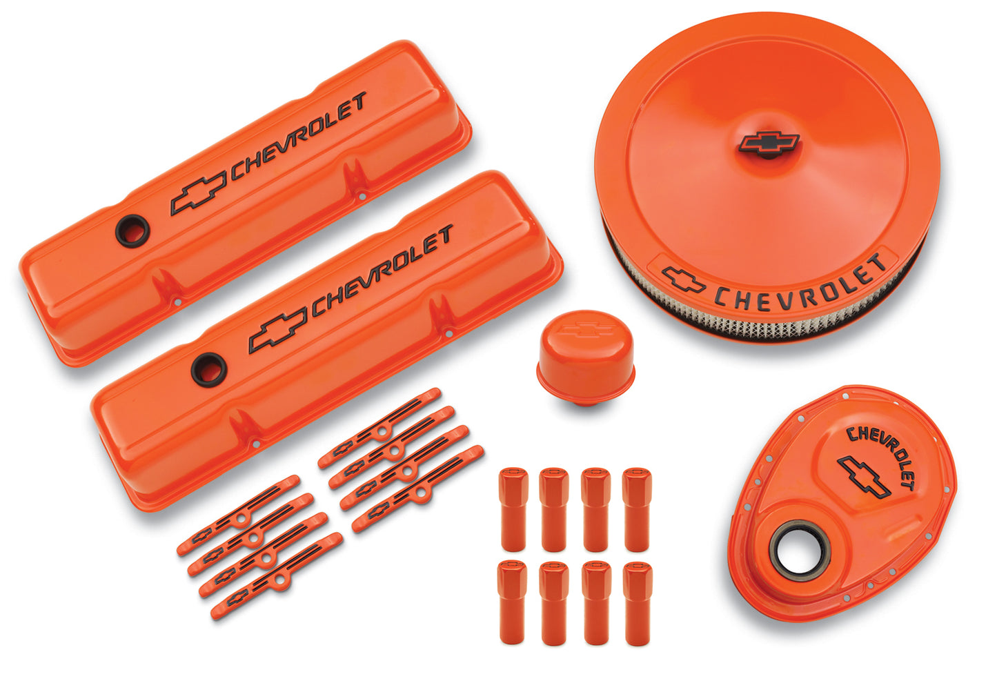 Chevrolet Performance Parts - 141-780 - Engine Dress Up Kit - Engine Dress-Up Kit Orange w/Black Bowtie Logo Fits SB Block Chevy Engines Tall Powdercoat