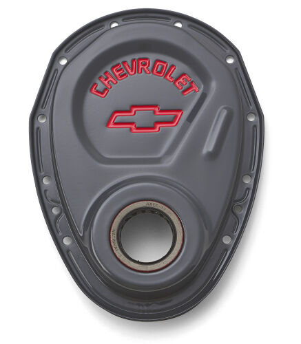 Chevrolet Performance Parts - 141-883 - Engine Timing Chain Cover - Timing Chain Cover Shark Gray Steel With Chevrolet Bowtie Logo 1969-1991 Small Block Chevrolet Proform