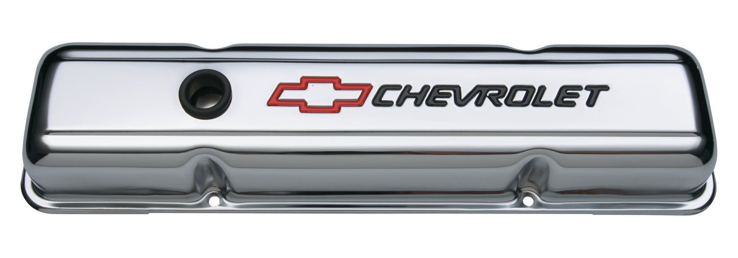 Chevrolet Performance Parts - 141-899 - Engine Valve Cover - Engine Valve Covers Stamped Steel Short Chrome w/ Bowtie Logo Fits SB Chevy Embossed Black Chevrolet & Red Bowtie Logos