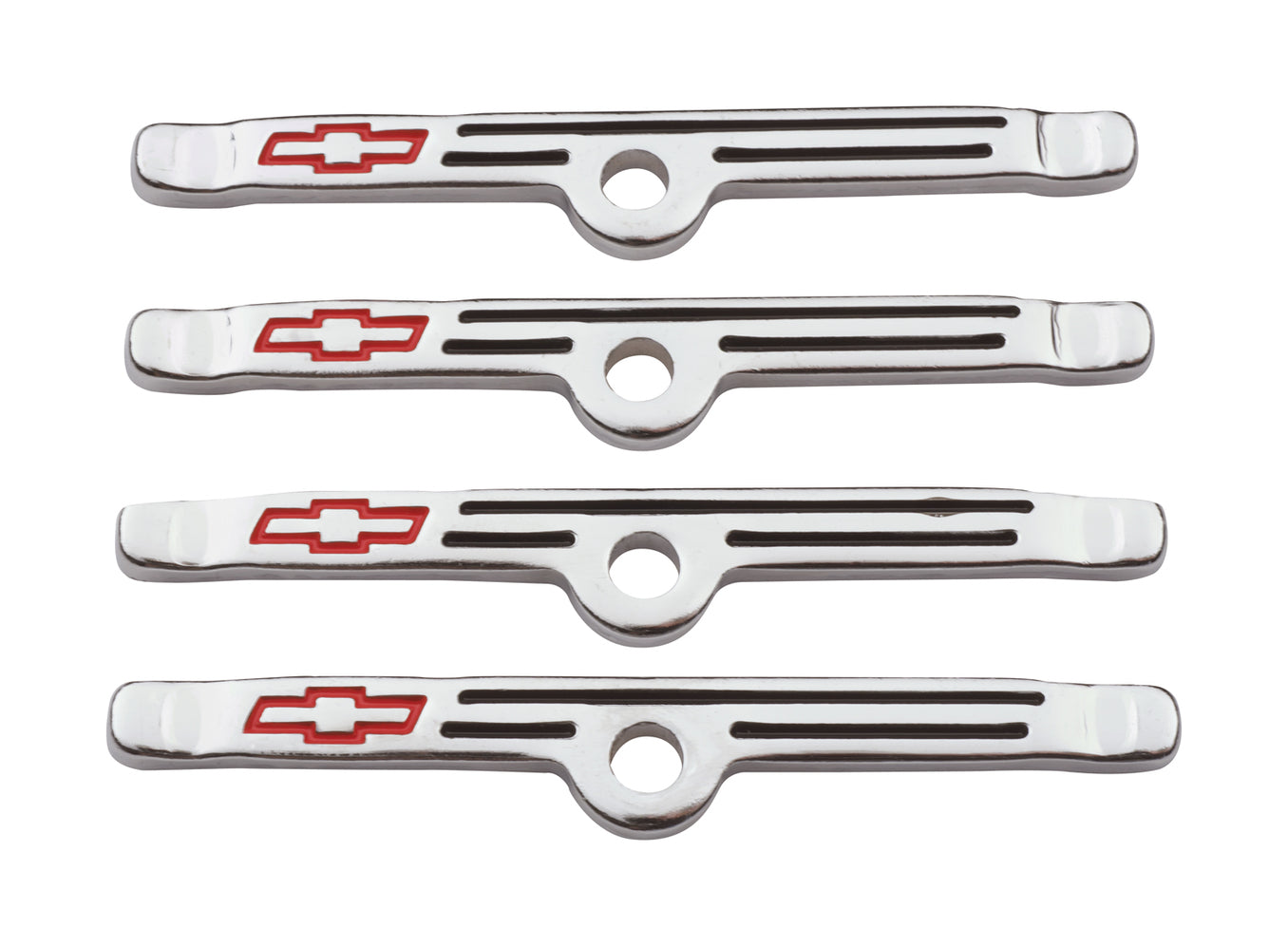 Chevrolet Performance Parts - 141-903 - Engine Valve Cover Hold Down Tab - Engine Valve Cover Holdown Clamps Chrome with Red Bowtie Logo SB Chevy 4 Pcs Black Lines & Red Bowties