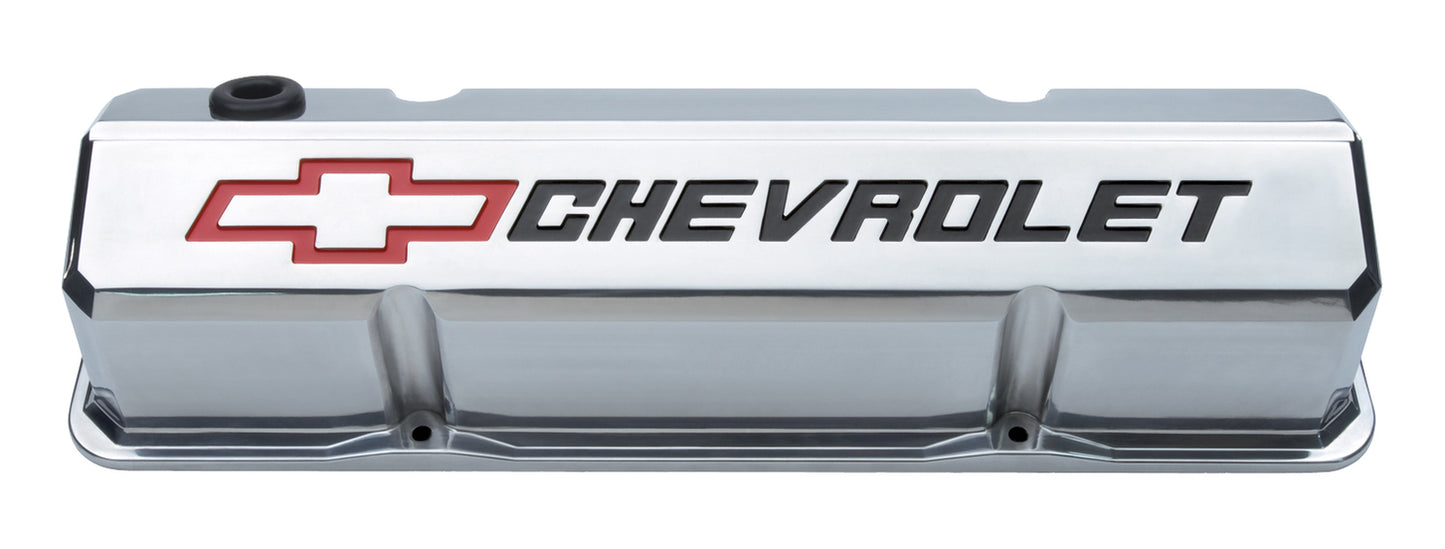 Chevrolet Performance Parts - 141-927 - Engine Valve Cover - Valve Covers Slant Edge Tall Die Cast Polish w/Recessed Bowtie Logo SB Chevy Recessed Black Chevrolet & Red Bowtie Logos