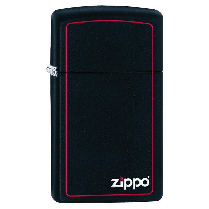 Zippo Slim Windproof Lighter, Black Matte with Zippo Logo and Red Border