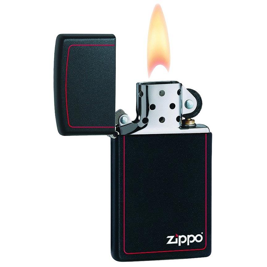 Zippo Slim Windproof Lighter, Black Matte with Zippo Logo and Red Border
