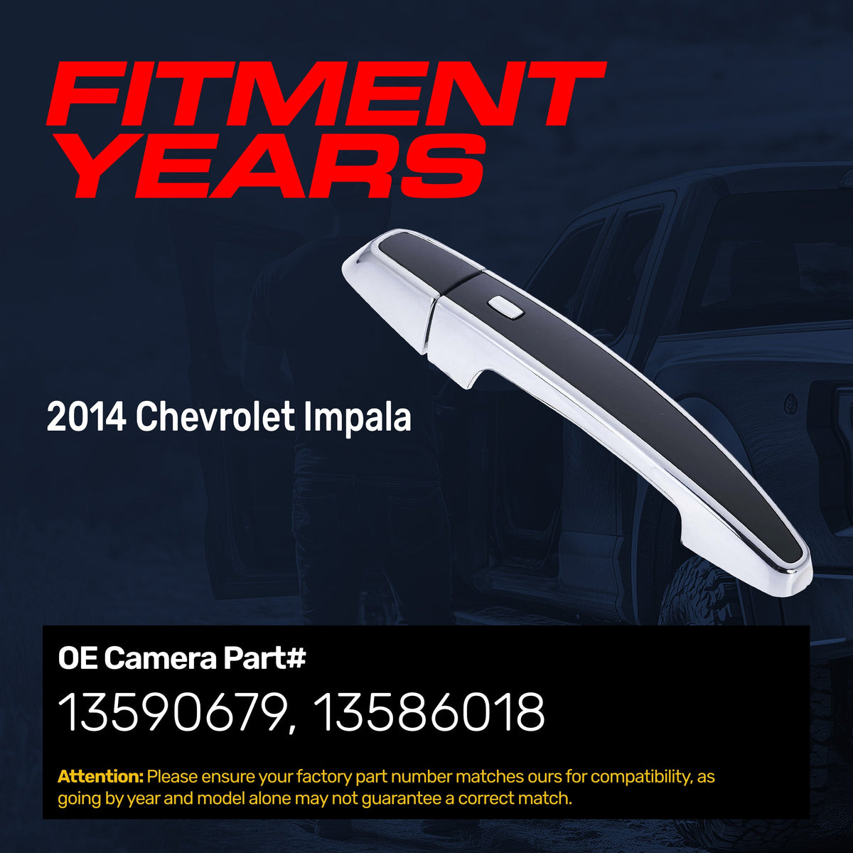 Exterior Door Handle Black/Chrome Replacement for Chevrolet Impala (2014) [LTZ Model, 4 Pin] | Front Right Passenger Side w/o Keyhole