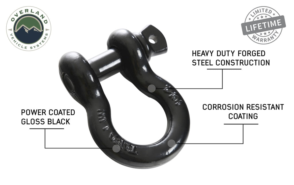 Overland Vehicle Systems - 19019901 - Winch Shackle - Recovery Shackle 3/4 Inch 4.75 Ton Steel Gloss Black