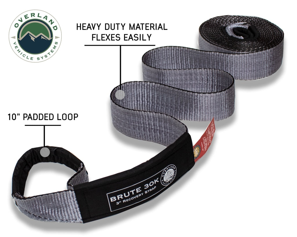Overland Vehicle Systems - 19069916 - Tow Strap - Tow Strap 30,000 lb 3 Inch x 30 foot Gray With Black Ends & Storage Bag