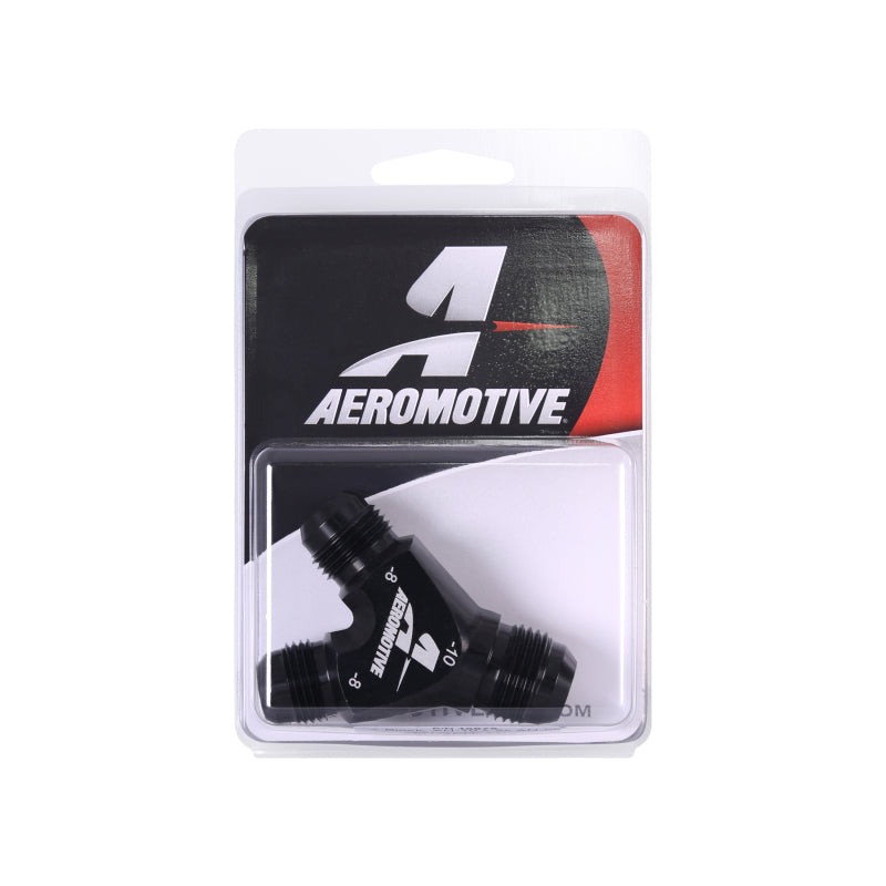 Aeromotive Y-Block Fuel Fitting, AN-10 Inlet to Dual AN-8 Outlets, Part Number 15675