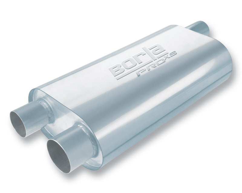 Borla 40474 Universal Transverse Flow Muffler, Single 3-Inch Offset Inlet and Dual 2.5-Inch Offset Outlets