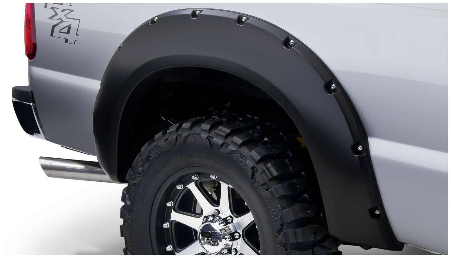 Bushwacker - 20084-02 - Fender Flare -  20084-02 Black Pocket/Rivet Style Smooth Finish Rear Fender Flares for 2011-2016 Ford F-250/F-350 Super Duty (Excludes Dually) - P/N: 20084-02