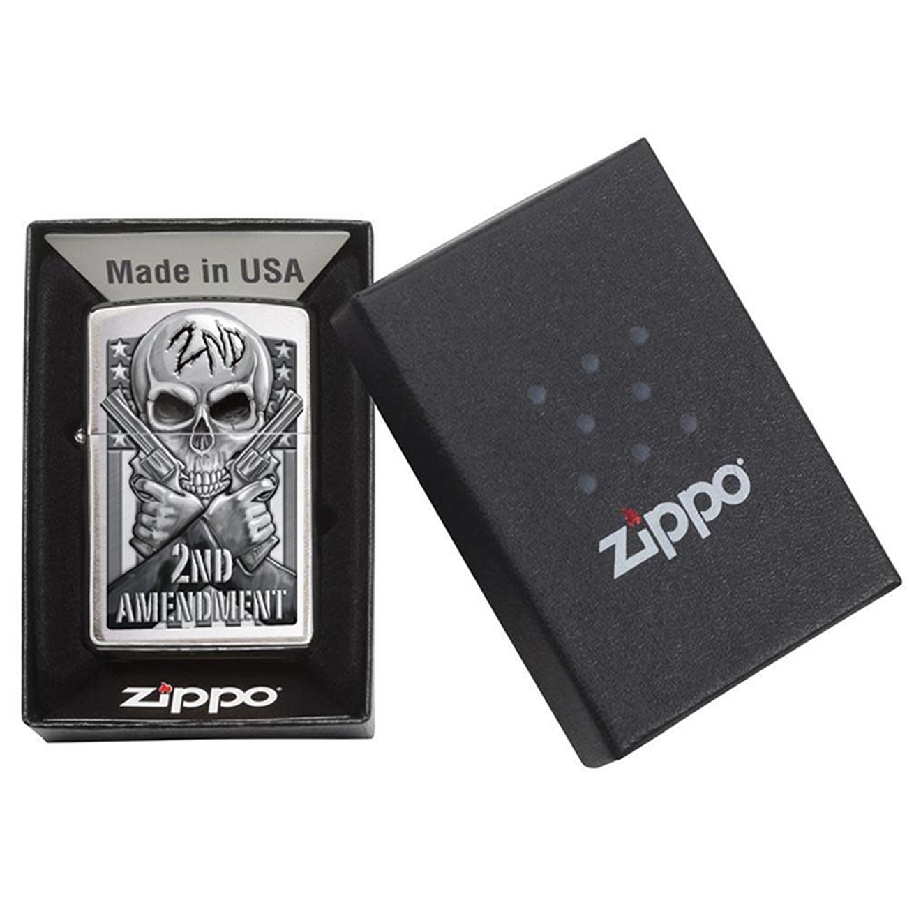 Zippo 78702 Windproof Lighter, Second Amendment Skull and Guns Design, Brushed Chrome