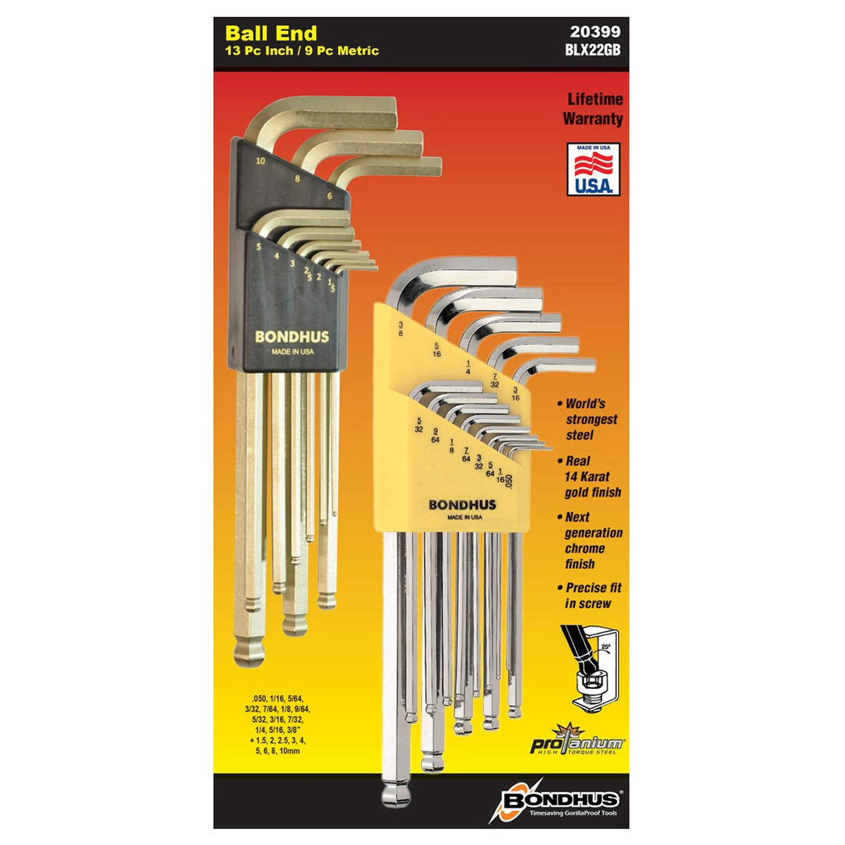 Bondhus 20399 Balldriver Metric and SAE Ball-End Hex L-Key Double Set, 22-Piece