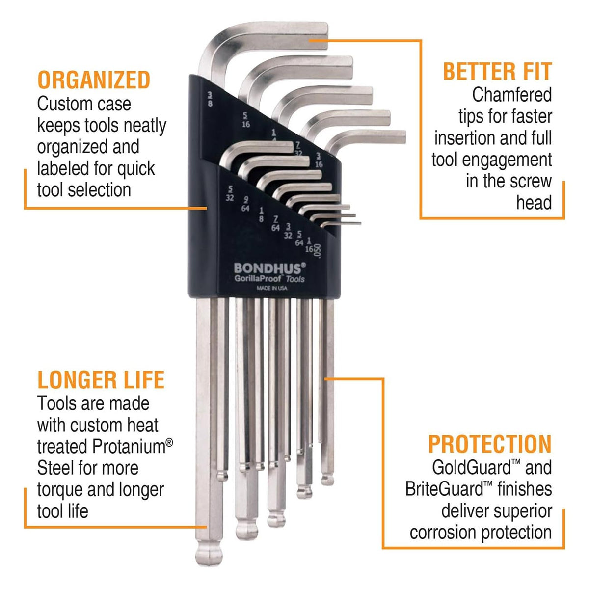 Bondhus 20399 Balldriver Metric and SAE Ball-End Hex L-Key Double Set, 22-Piece