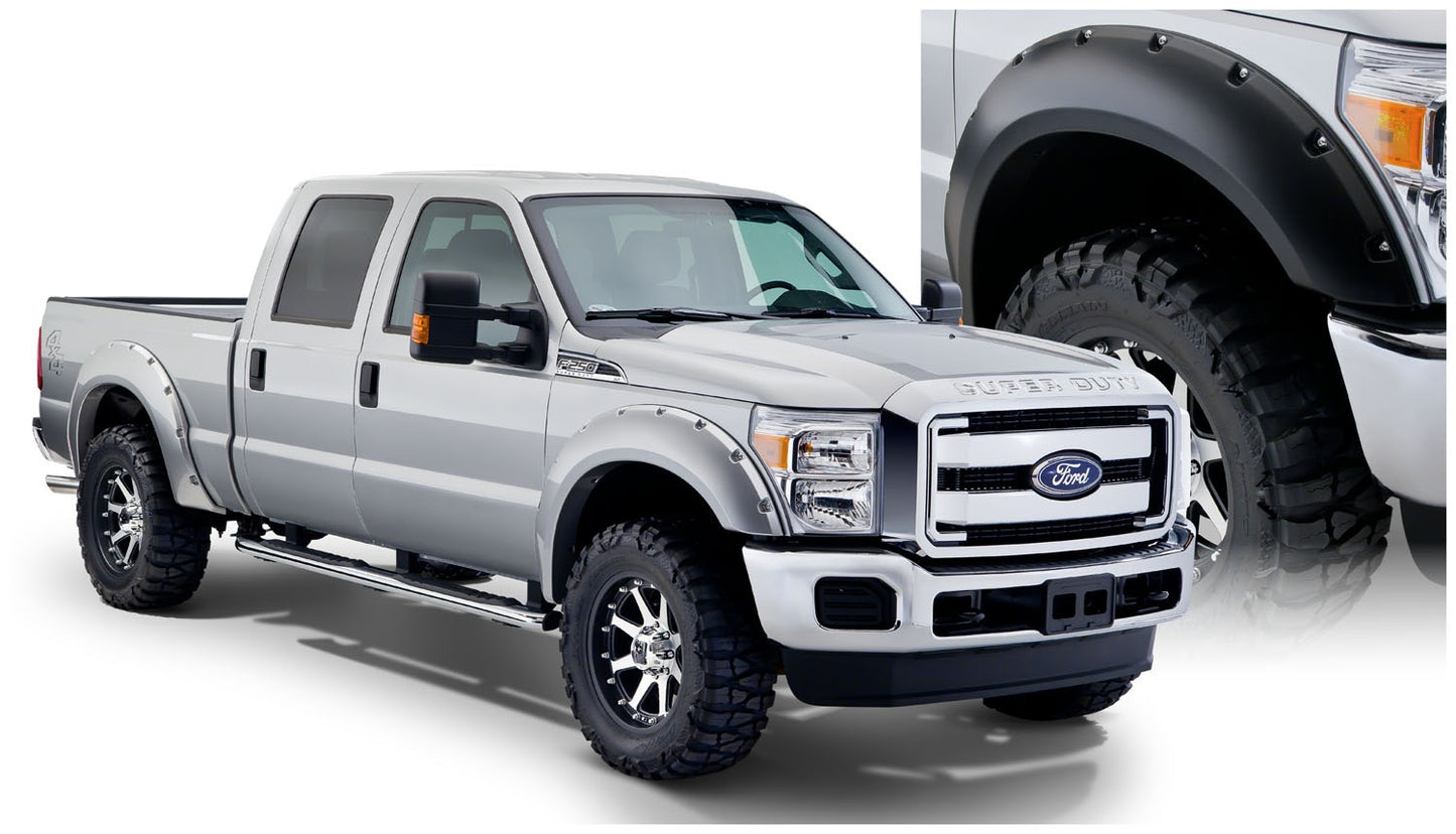 Bushwacker - 20931-02 - Fender Flare -  20931-02 Black Pocket/Rivet Style Smooth Finish 4-Piece Fender Flare Set for 2011-2016 Ford F-250/F-350 Super Duty - P/N: 20931-02