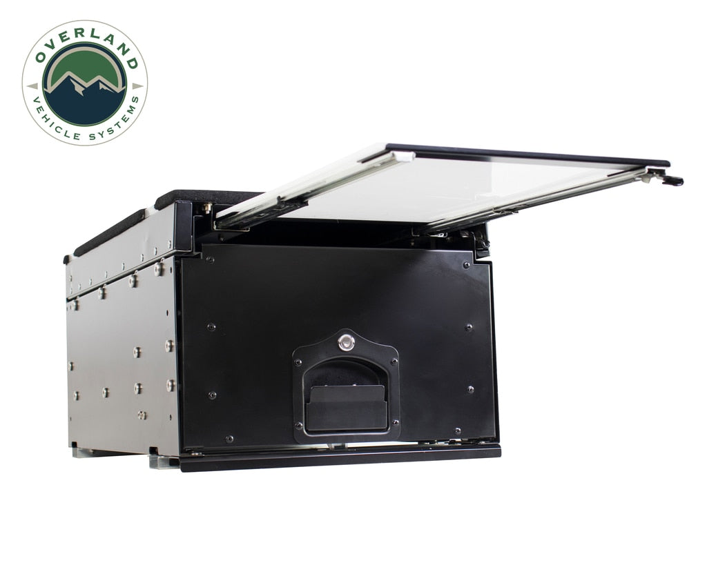 Overland Vehicle Systems - 21010201 - Cargo Box - Cargo Box With Slide Out Drawer & Working Station Size Black Powder Coat Universal