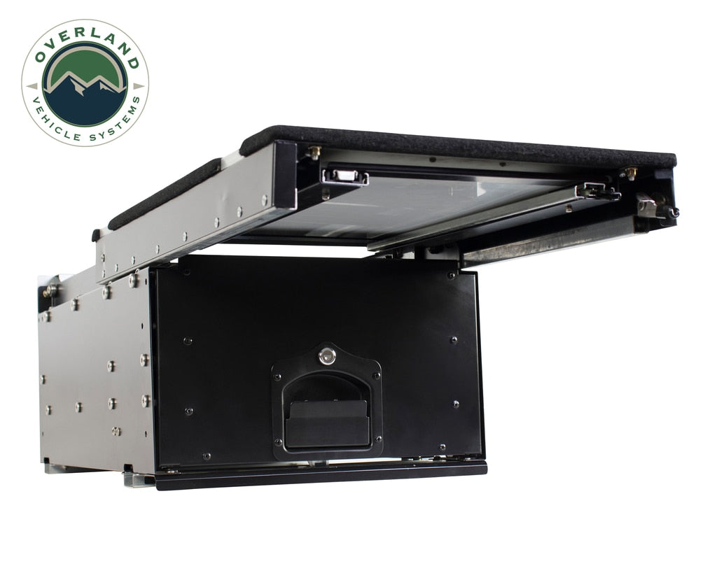 Overland Vehicle Systems - 21010201 - Cargo Box - Cargo Box With Slide Out Drawer & Working Station Size Black Powder Coat Universal