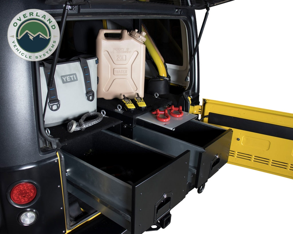 Overland Vehicle Systems - 21010201 - Cargo Box - Cargo Box With Slide Out Drawer & Working Station Size Black Powder Coat Universal