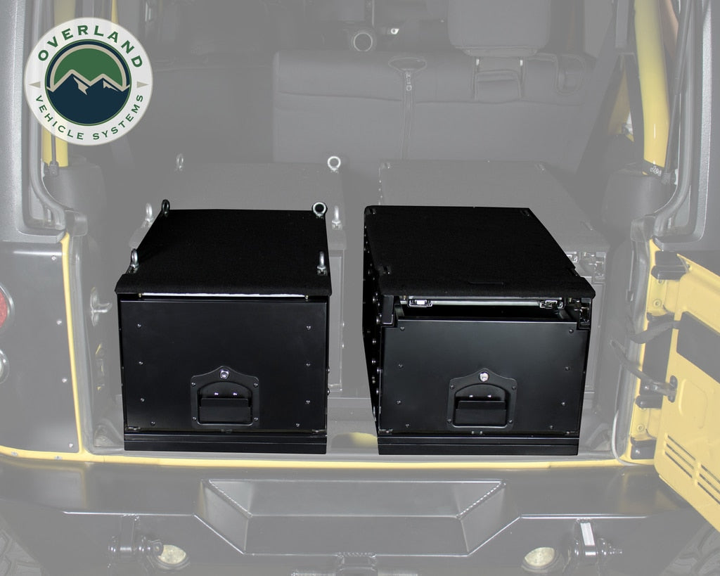 Overland Vehicle Systems - 21010201 - Cargo Box - Cargo Box With Slide Out Drawer & Working Station Size Black Powder Coat Universal
