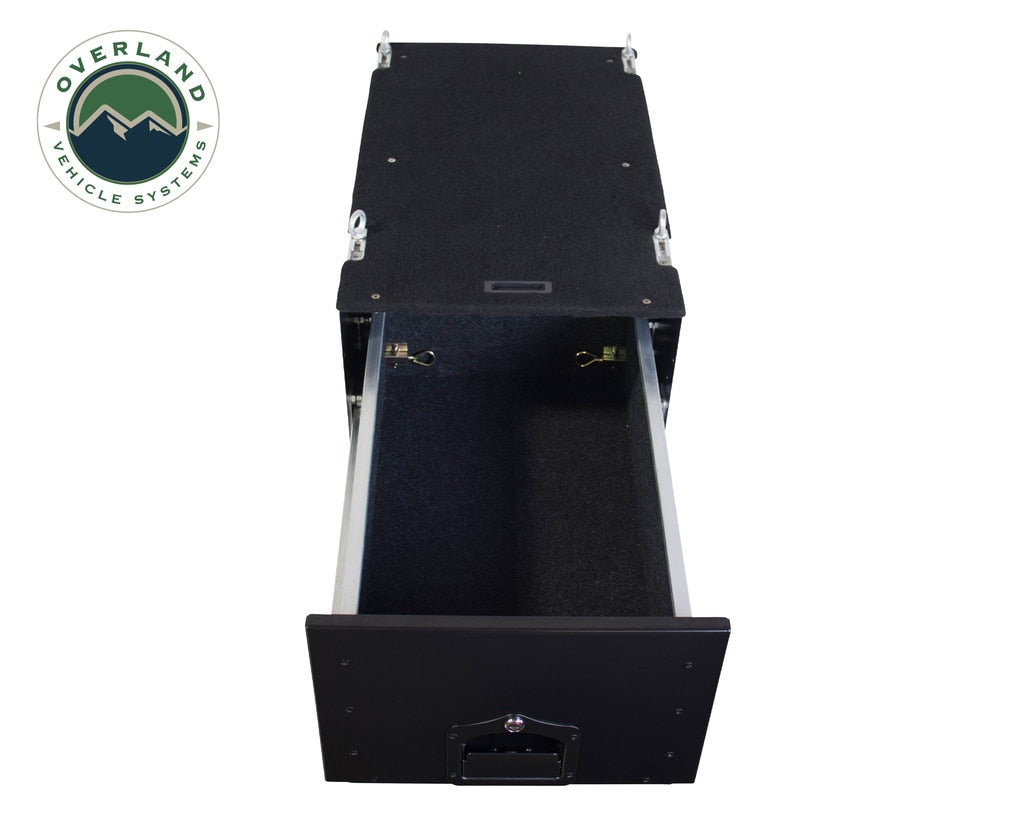 Overland Vehicle Systems - 21010201 - Cargo Box - Cargo Box With Slide Out Drawer & Working Station Size Black Powder Coat Universal