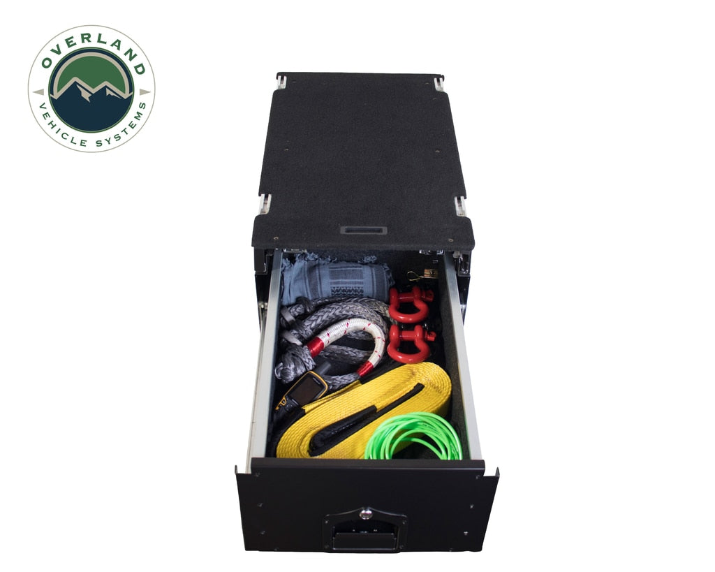 Overland Vehicle Systems - 21010201 - Cargo Box - Cargo Box With Slide Out Drawer & Working Station Size Black Powder Coat Universal
