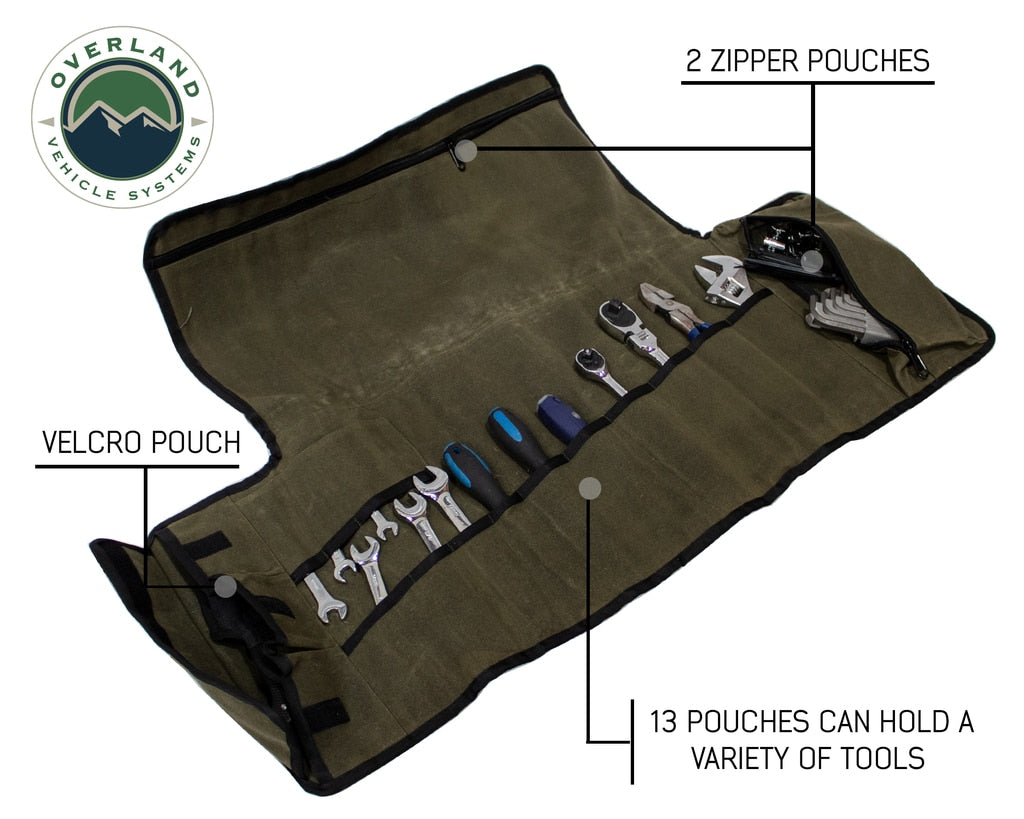 Overland Vehicle Systems - 21079941 - Tool Bag - Rolled Bag General Tools With Handle And Straps Brown 16 LB Waxed Canvas Canyon Bag Universal
