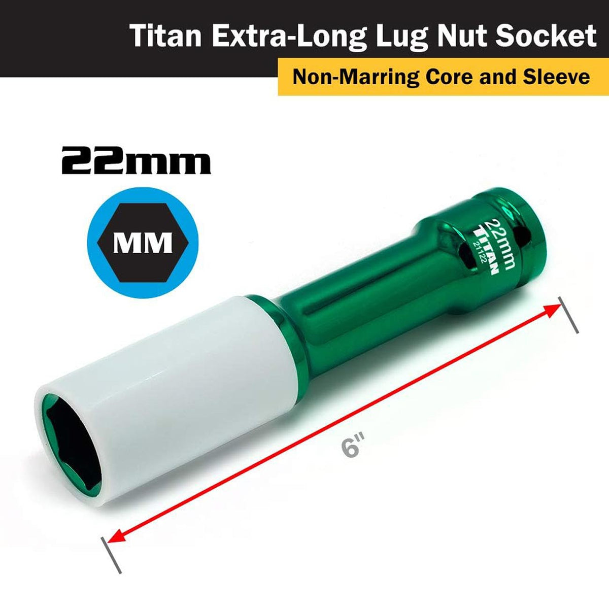 Titan 21122 1/2-Inch Drive x 22mm Non-Marring Extra-Long Lug Nut Socket