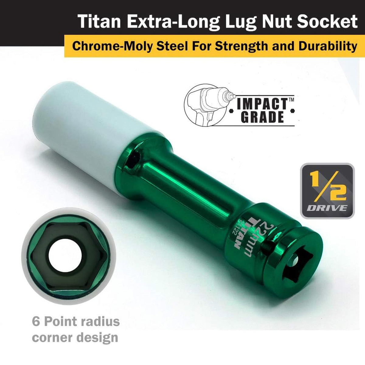 Titan 21122 1/2-Inch Drive x 22mm Non-Marring Extra-Long Lug Nut Socket