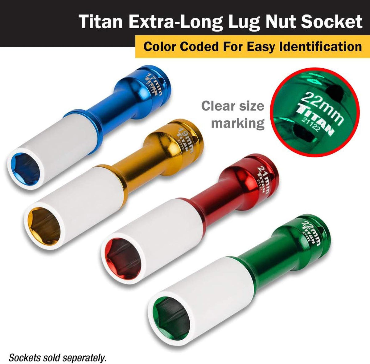 Titan 21122 1/2-Inch Drive x 22mm Non-Marring Extra-Long Lug Nut Socket