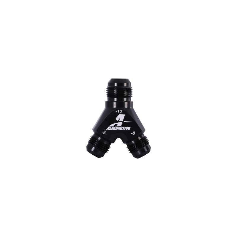 Aeromotive Y-Block Fuel Fitting, AN-10 Inlet to Dual AN-8 Outlets, Part Number 15675