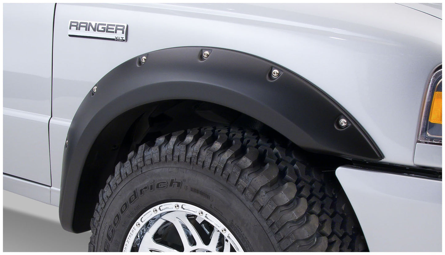 Bushwacker - 21915-02 - Fender Flare -  21915-02 Black Pocket/Rivet Style Smooth Finish 4-Piece Fender Flare Set for 1993-2011 Ford Ranger (Excludes FX4) - P/N: 21915-02
