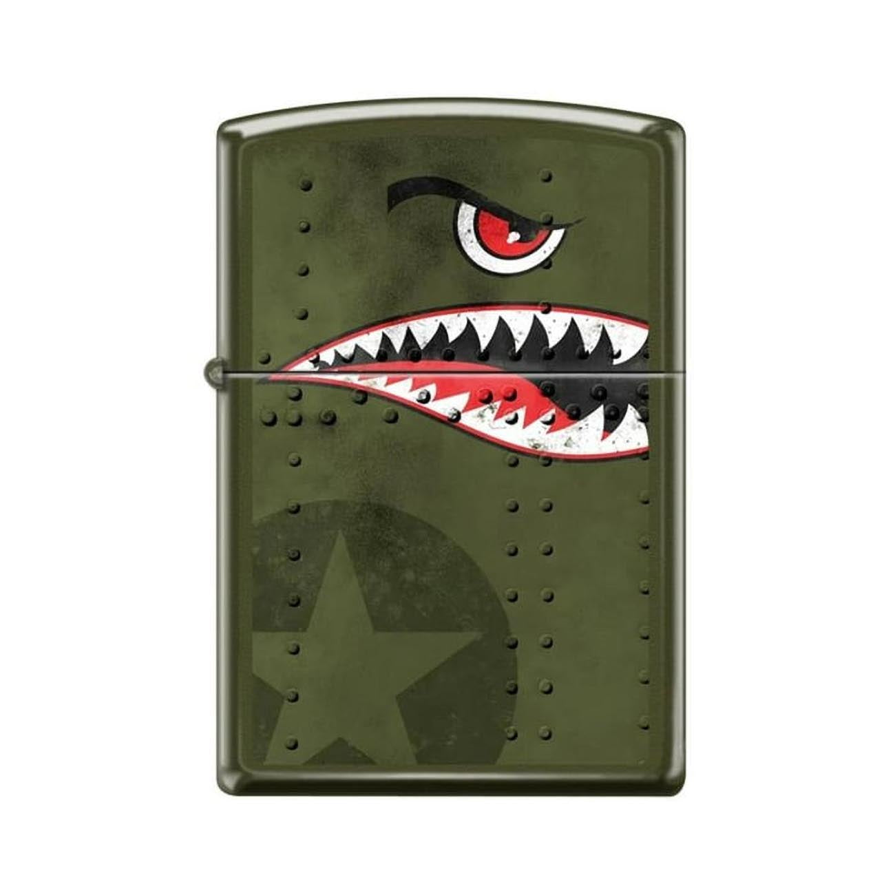 Zippo 22CI413623 Windproof Lighter, Fighter Plane Shark Teeth Nose Art, Matte Green
