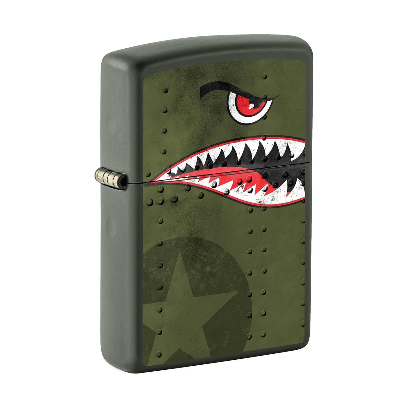 Zippo 22CI413623 Windproof Lighter, Fighter Plane Shark Teeth Nose Art, Matte Green