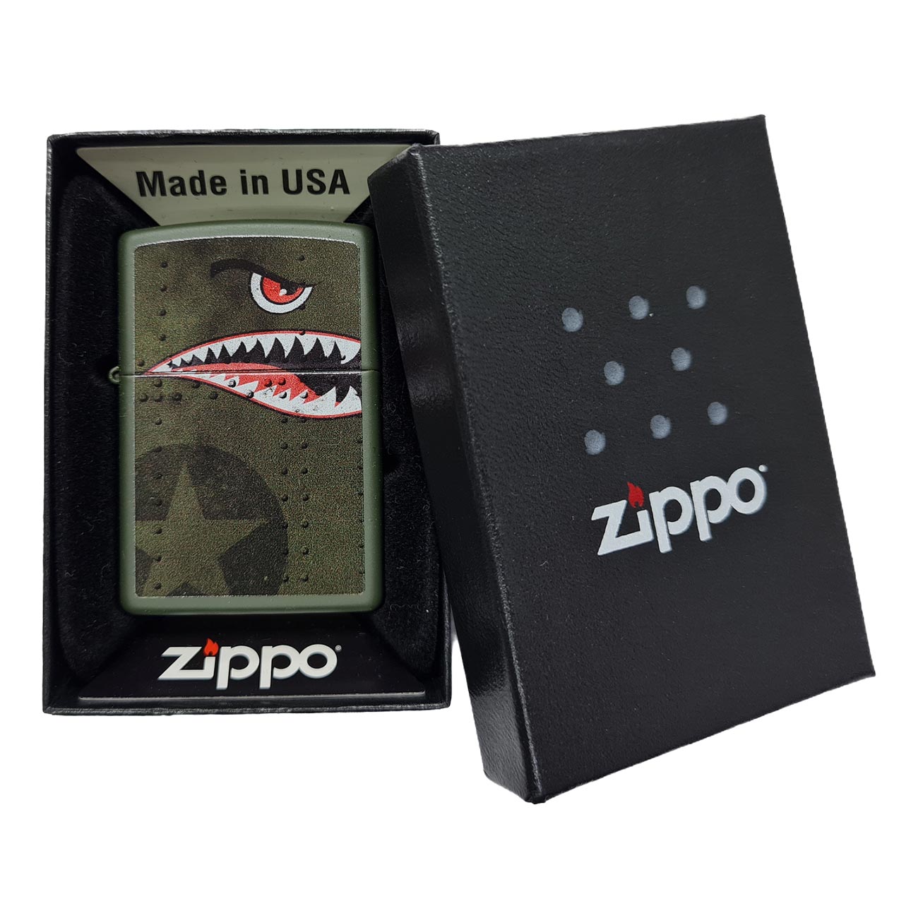 Zippo 22CI413623 Windproof Lighter, Fighter Plane Shark Teeth Nose Art, Matte Green