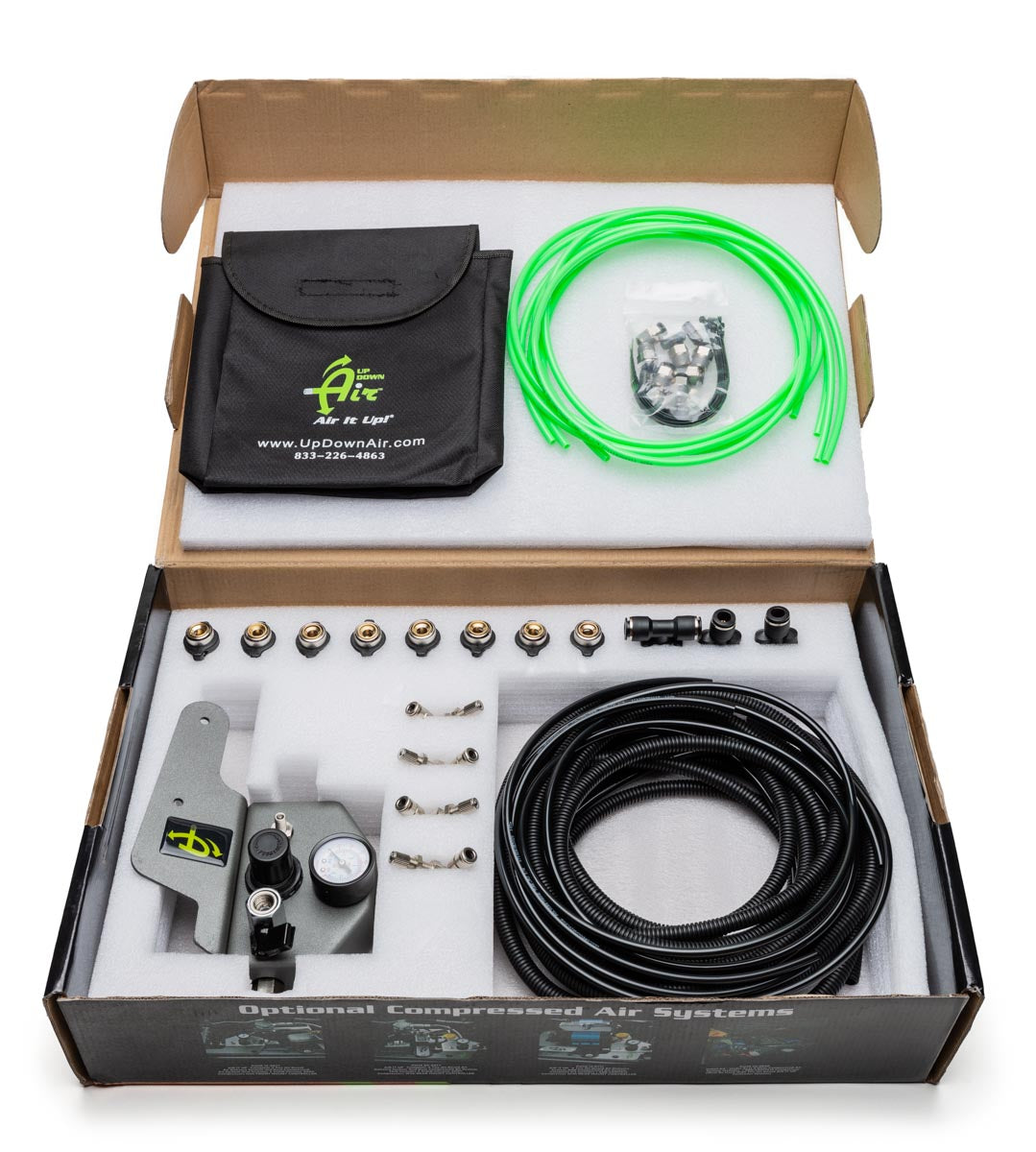 Up Down Air - 269-0717 - Jeep JK Tire Inflator System 4 Tire For 07-18 Wrangler JK 2/4 Door W/Engine Mount With Box, Fittings, Hoses and Storage Bag Black